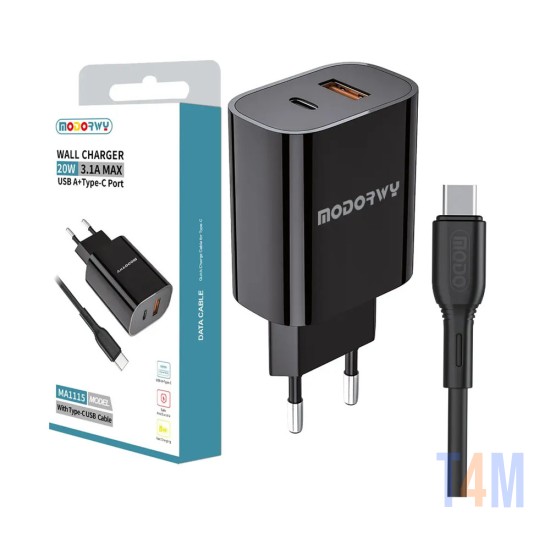 Modorwy PD Wall Charger MA1115 USB+Type-C with Type C Cable 5V 3.1A Black